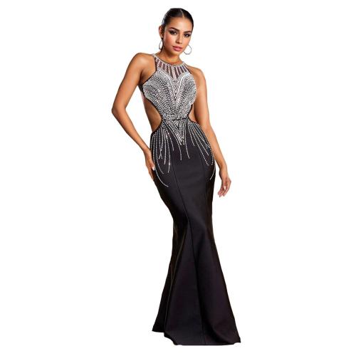 Black Sleeveless Rhinestones Elegant Women Evening Prom Maxi Dress