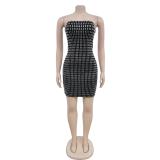 Black Off Shoulder Elegant Diamonds Zipper Backless Party Dance Mini Dress