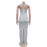 White Off Shoulder Mesh Rhinestones Bodycon Evening Party Formal Midi Dress