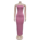 Pink Off Shoulder Mesh Rhinestones Bodycon Evening Party Formal Midi Dress