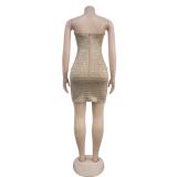Beige Off Shoulder Elegant Diamonds Zipper Backless Party Dance Mini Dress