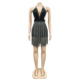 Black Deep V Neck Sleeveless Rhinestones Tassels Sexy Party Clubwear Rompers