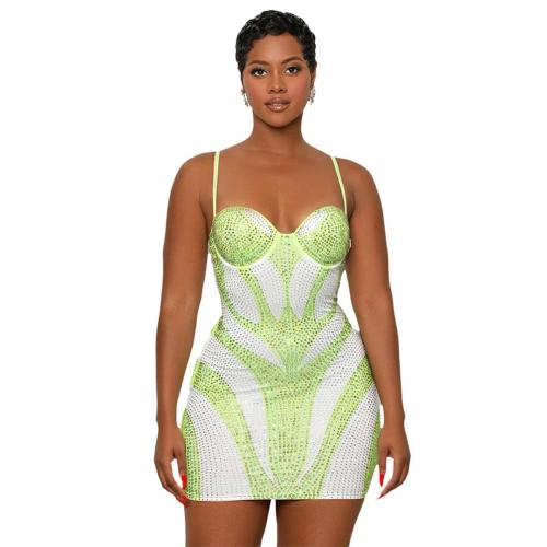 Green Straps Low Cut V Neck Diamonds Bodycon Party Clubwear