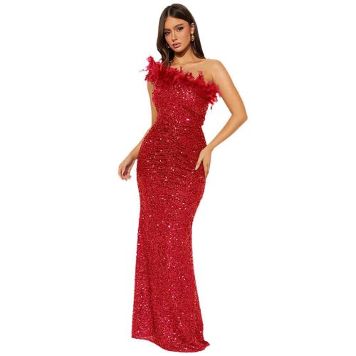 Red Off Shoulder Feather Neck Sequined Bodycon Evening Luxury Maxi Dress