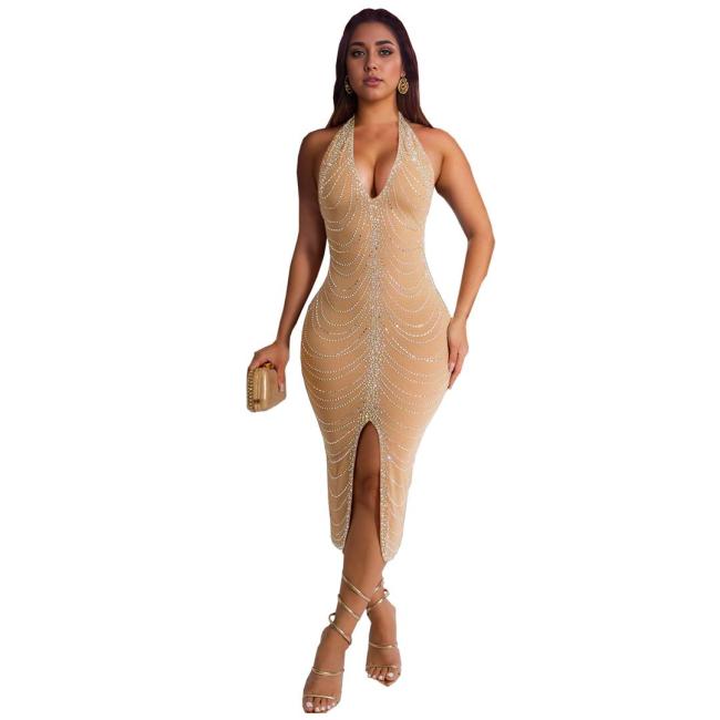 Beige Halter V Neck Mesh Rhinestones Sexy Party Clubwear Midi Dress