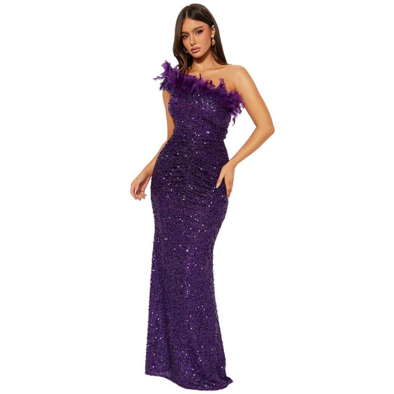 Purple Off Shoulder Feather Neck Sequined Bodycon Evening Luxury Maxi Dress