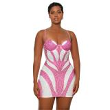Pink Straps Low Cut V Neck Diamonds Bodycon Party Clubwear