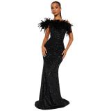 Black Off Shoulder Feather Neck Sequined Bodycon Evening Luxury Maxi Dress