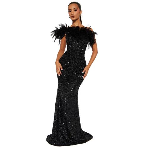 Black Off Shoulder Feather Neck Sequined Bodycon Evening Luxury Maxi Dress
