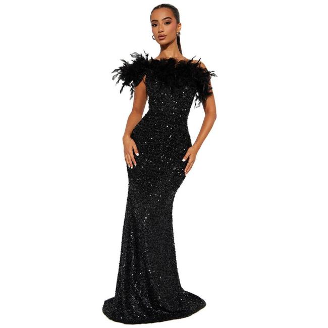 Black Off Shoulder Feather Neck Sequined Bodycon Evening Luxury Maxi Dress