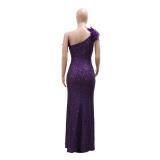 Purple Off Shoulder Feather Neck Sequined Bodycon Evening Luxury Maxi Dress