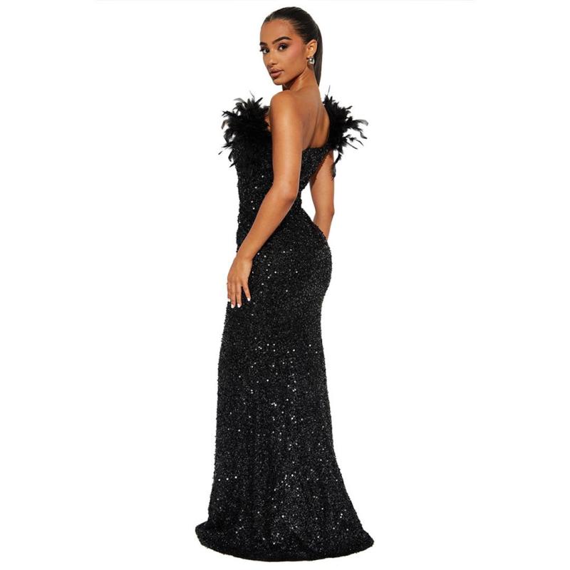 Black Off Shoulder Feather Neck Sequined Bodycon Evening Luxury Maxi Dress