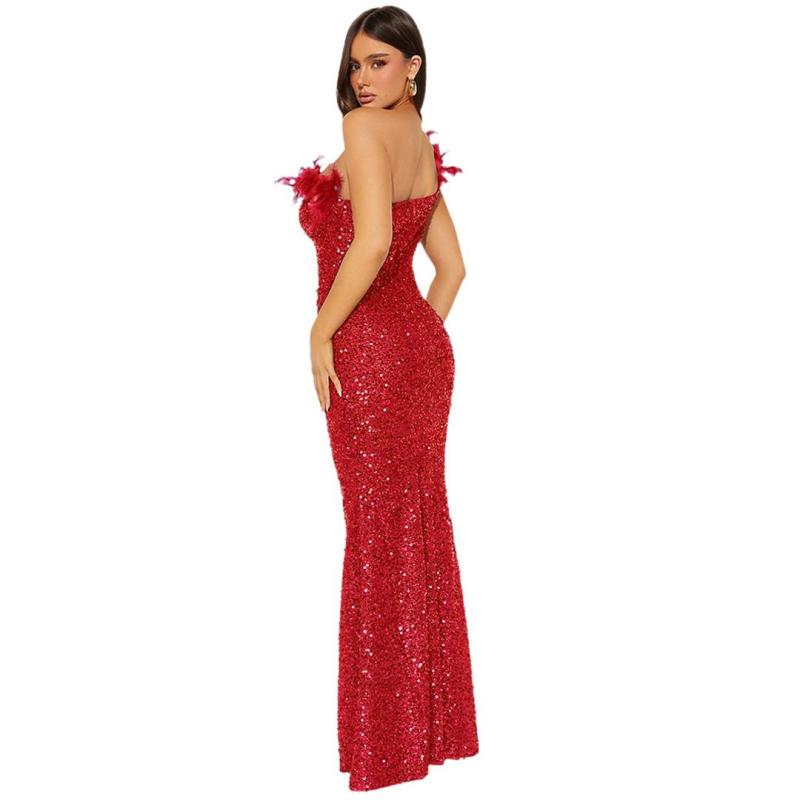 Red Off Shoulder Feather Neck Sequined Bodycon Evening Luxury Maxi Dress