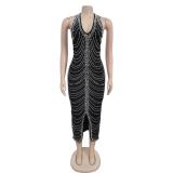 Black Halter V Neck Mesh Rhinestones Sexy Party Clubwear Midi Dress