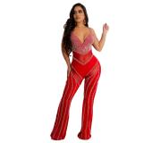 Red Straps Low Cut V Neck Mesh See Through Diamonds Sexy Jumpsuits