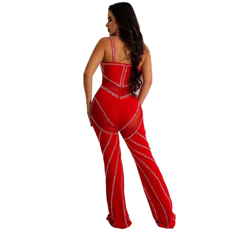 Red Straps Low Cut V Neck Mesh See Through Diamonds Sexy Jumpsuits