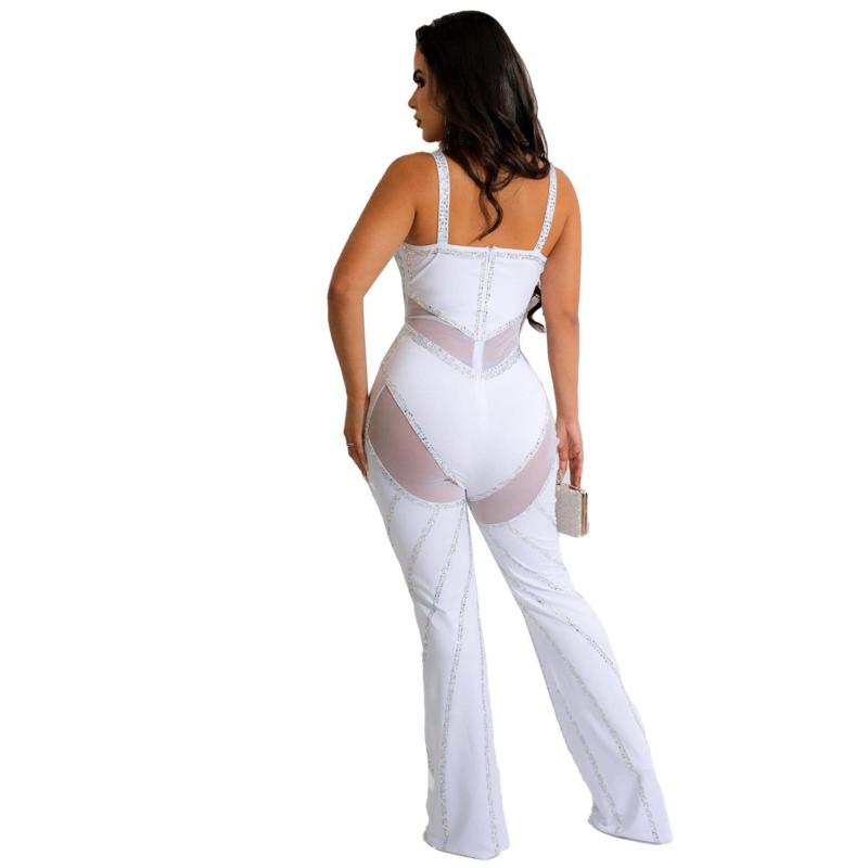White Straps Low Cut V Neck Mesh See Through Diamonds Sexy Jumpsuits