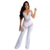 White Straps Low Cut V Neck Mesh See Through Diamonds Sexy Jumpsuits