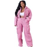 Pink Women's Long Sleeve Jacket and Pocket Wide Leg Pants Woolen Cargo Two Piece Sets