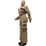 Beige Women's Long Sleeve Jacket and Pocket Wide Leg Pants Woolen Cargo Two Piece Sets