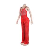 Red Straps Low Cut V Neck Mesh See Through Diamonds Sexy Jumpsuits