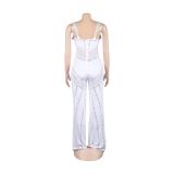 White Straps Low Cut V Neck Mesh See Through Diamonds Sexy Jumpsuits
