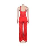 Red Straps Low Cut V Neck Mesh See Through Diamonds Sexy Jumpsuits
