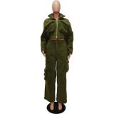 Green Women's Long Sleeve Jacket and Pocket Wide Leg Pants Woolen Cargo Two Piece Sets