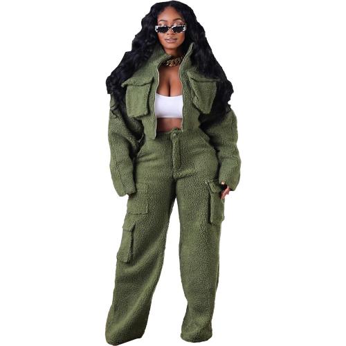 Green Women's Long Sleeve Jacket and Pocket Wide Leg Pants Woolen Cargo Two Piece Sets