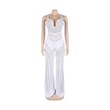 White Straps Low Cut V Neck Mesh See Through Diamonds Sexy Jumpsuits