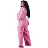 Pink Women's Long Sleeve Jacket and Pocket Wide Leg Pants Woolen Cargo Two Piece Sets