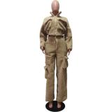 Beige Women's Long Sleeve Jacket and Pocket Wide Leg Pants Woolen Cargo Two Piece Sets