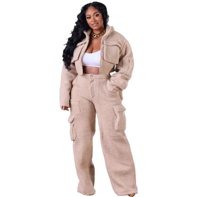 Beige Women's Long Sleeve Jacket and Pocket Wide Leg Pants Woolen Cargo Two Piece Sets