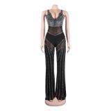 Black Straps Low Cut V Neck Mesh See Through Diamonds Sexy Jumpsuits