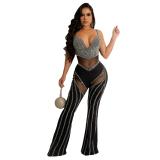 Black Straps Low Cut V Neck Mesh See Through Diamonds Sexy Jumpsuits