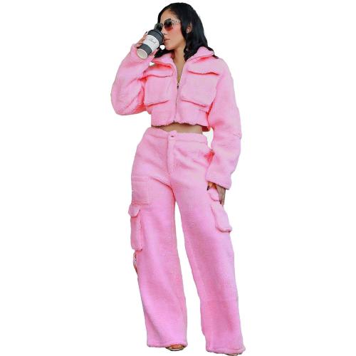 Pink Women's Long Sleeve Jacket and Pocket Wide Leg Pants Woolen Cargo Two Piece Sets