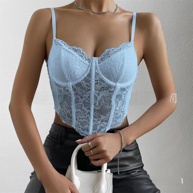 LightBlue Lace Underwire Fish-bone See Through Sexy Corset Camisoles