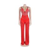 Red Straps Low Cut V Neck Mesh See Through Diamonds Sexy Jumpsuits