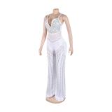 White Straps Low Cut V Neck Mesh See Through Diamonds Sexy Jumpsuits