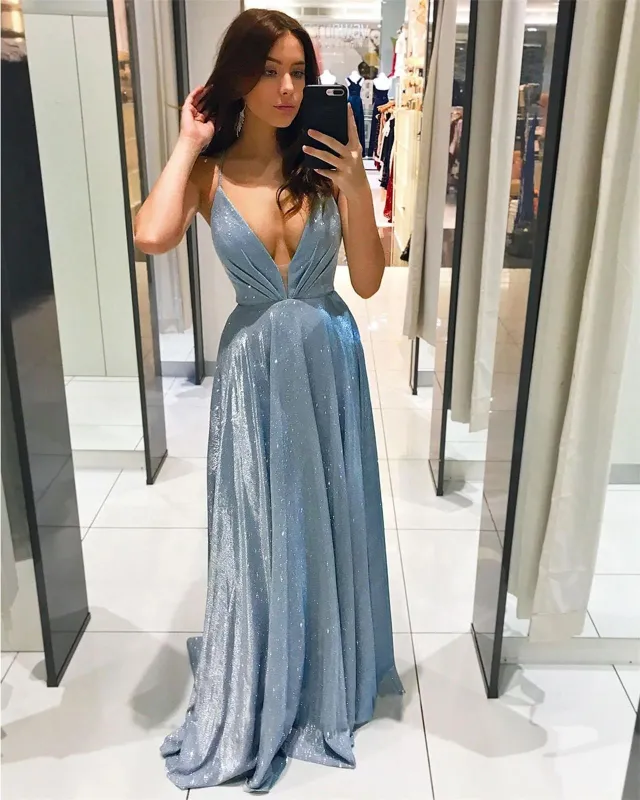 Light Blue Sleeveless Deep V Neck Silk Pleated Elegant Lace Up Evening Maxi Dress