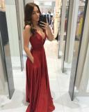 Red Sleeveless Deep V Neck Silk Pleated Elegant Lace Up Evening Maxi Dress