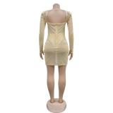 Beige Long Sleeve Low Cut Mesh See Through Diamonds Bodycon Club Dress