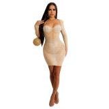 Beige Long Sleeve Low Cut Mesh See Through Diamonds Bodycon Club Dress