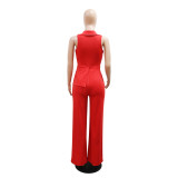 Red Sleeveless Deep V Neck Chains Pleated Casual Office Lady Jumpsuits