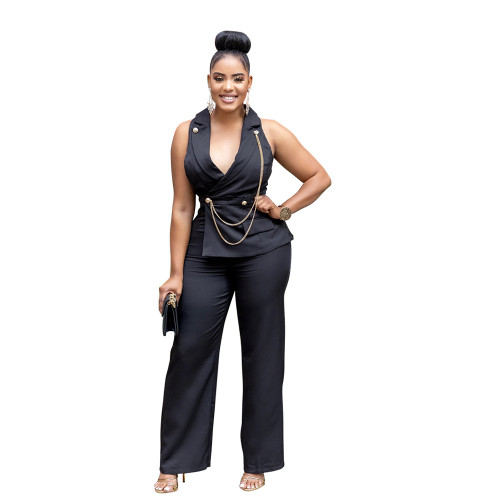Black Sleeveless Deep V Neck Chains Pleated Casual Office Lady Jumpsuits