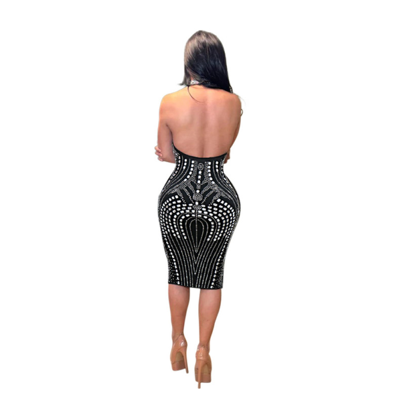 Black Sleeveless Luxury Diamonds Mesh Bodycon Backless Evening Gowns Midi Dress