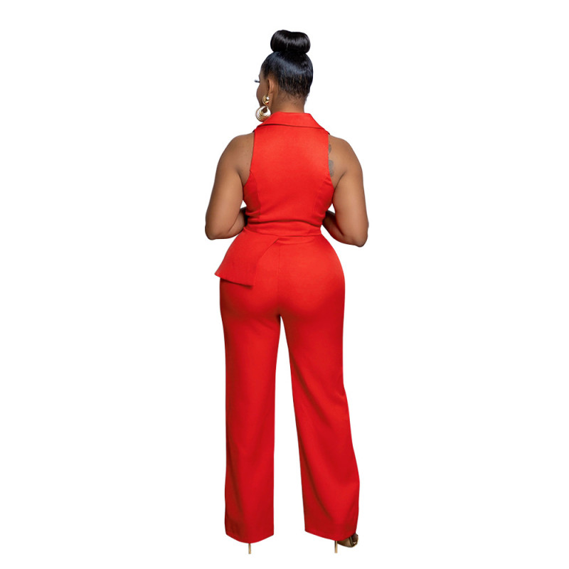 Red Sleeveless Deep V Neck Chains Pleated Casual Office Lady Jumpsuits