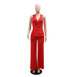 Red Sleeveless Deep V Neck Chains Pleated Casual Office Lady Jumpsuits