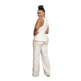 White Beige Sleeveless Deep V Neck Chains Pleated Casual Office Lady Jumpsuits