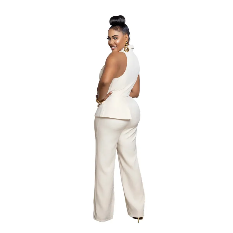 White Beige Sleeveless Deep V Neck Chains Pleated Casual Office Lady Jumpsuits